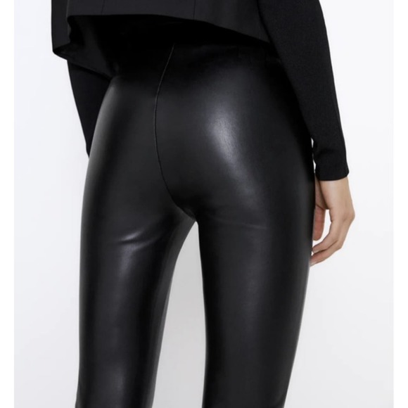 ZARA Faux Leather Skinny Pants High Waist Pleated Ankle Zip Leggings, Black - Picture 4 of 13